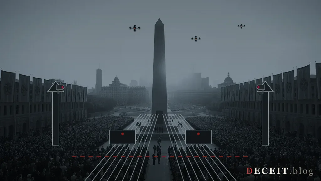 The same rally rendered cold and gray, ringed by surveillance towers and hovering drones.