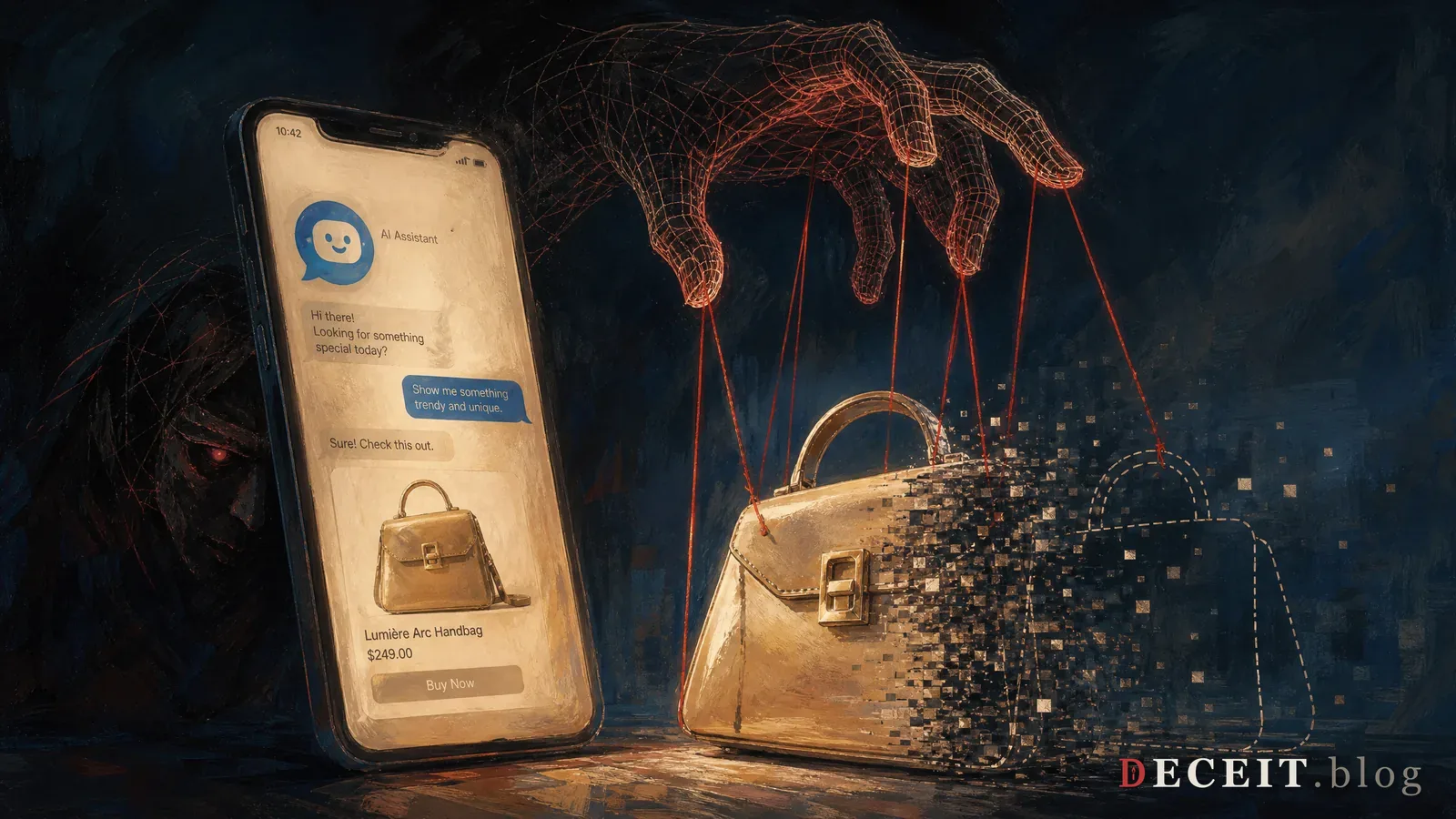 The friendly interface cracked open: puppeteer strings, bait hooks, and a dark extraction funnel beneath the recommendations.