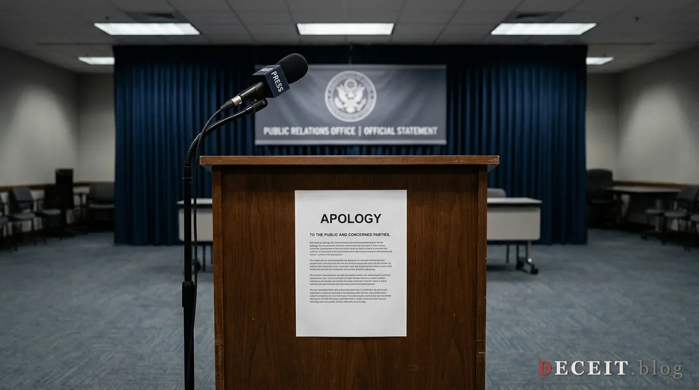 A public-relations podium under a small sign reading Official Statement Apology, lit for cameras.
