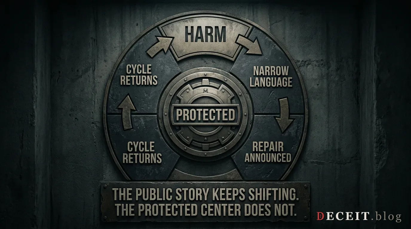 A wall diagram of a protection cycle - harm, narrow language, repair announced, the cycle returns - with the word protected at the center.