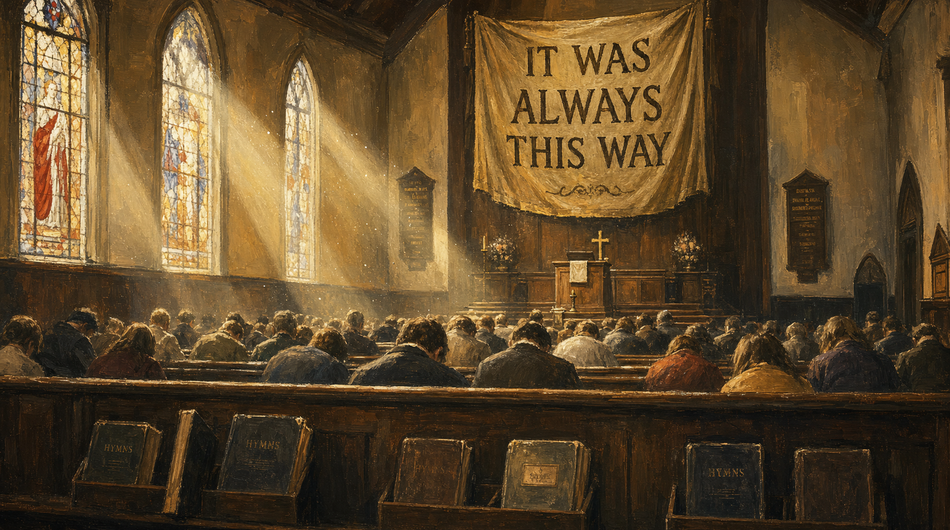 Painted church interior: a congregation seen from behind under stained-glass light, heads bowed beneath a huge banner over the pulpit reading IT WAS ALWAYS THIS WAY.