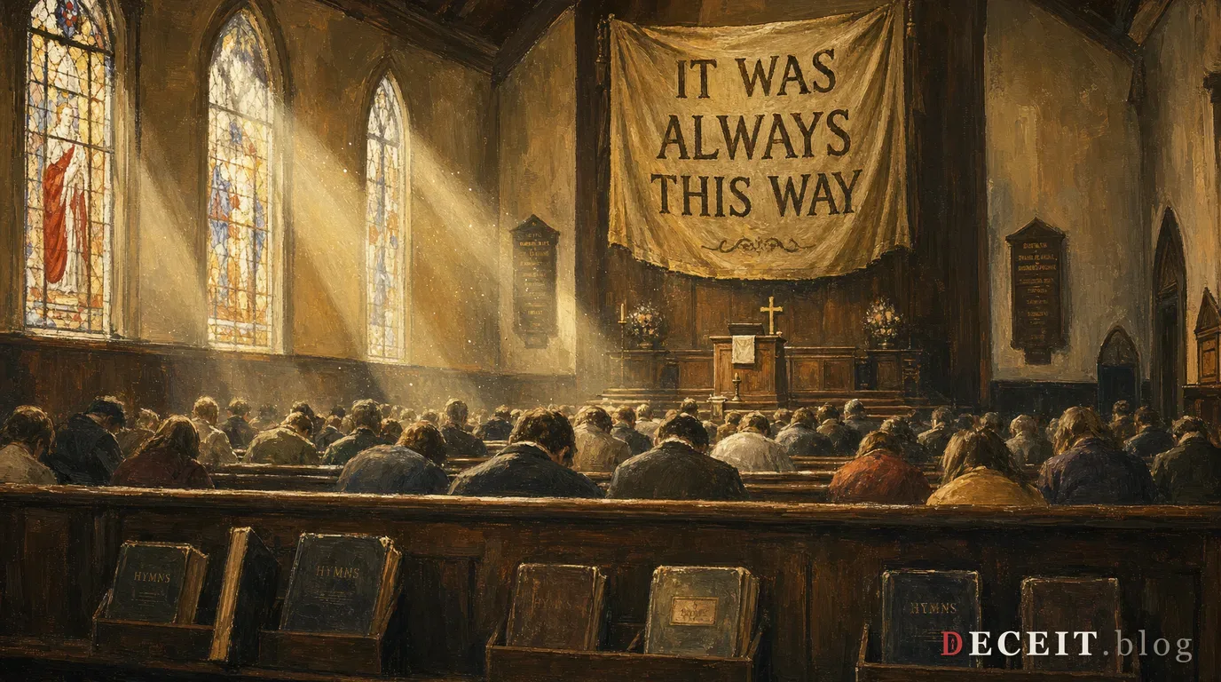 Painted church interior: a congregation seen from behind under stained-glass light, heads bowed beneath a huge banner over the pulpit reading IT WAS ALWAYS THIS WAY.