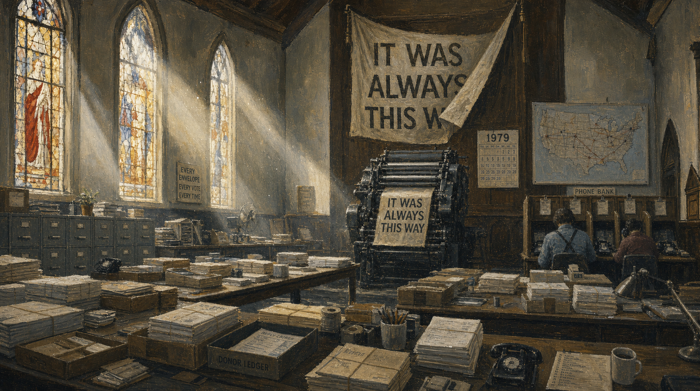 The same painted church revealed as a 1979 direct-mail operation: work tables of envelopes and donor ledgers where the pews were, a printing press at the altar running off more copies of the same banner, a wall calendar reading 1979.
