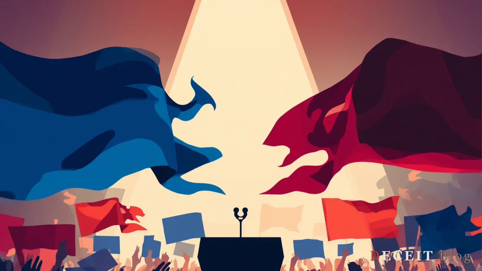 A bright, optimistic political rally. Blue and red banners, a podium with a microphone, hopeful lighting, a crowd of abstract silhouettes. Progressive, organized, empowered.