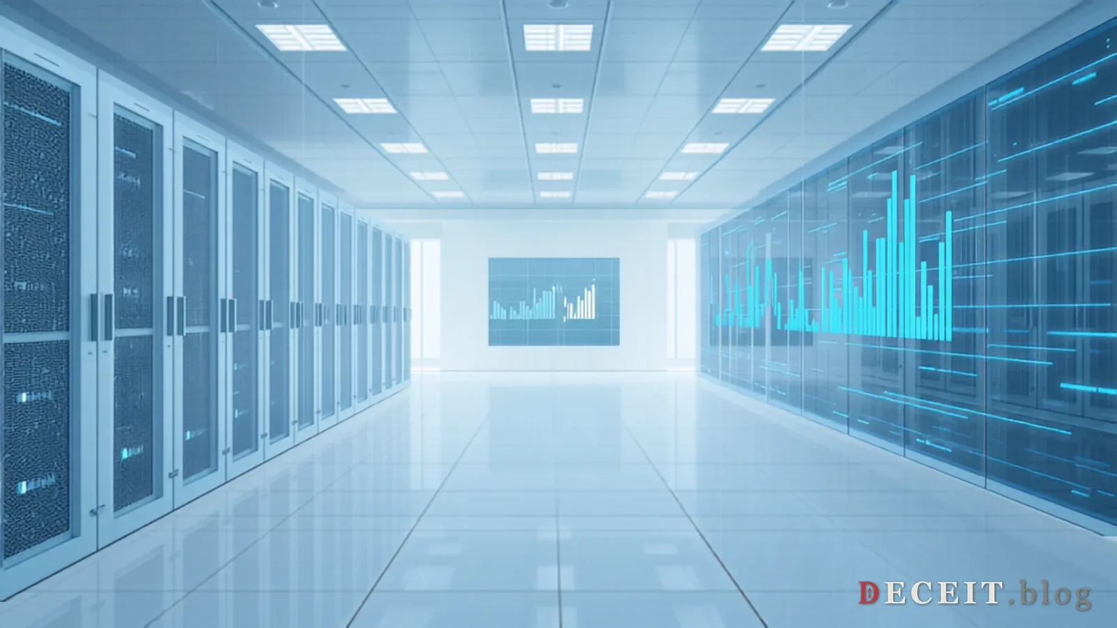 A pristine AI research lab with clean white servers, soft blue LED indicators, and data visualization screens showing healthy model performance. Optimistic, scientific, orderly.