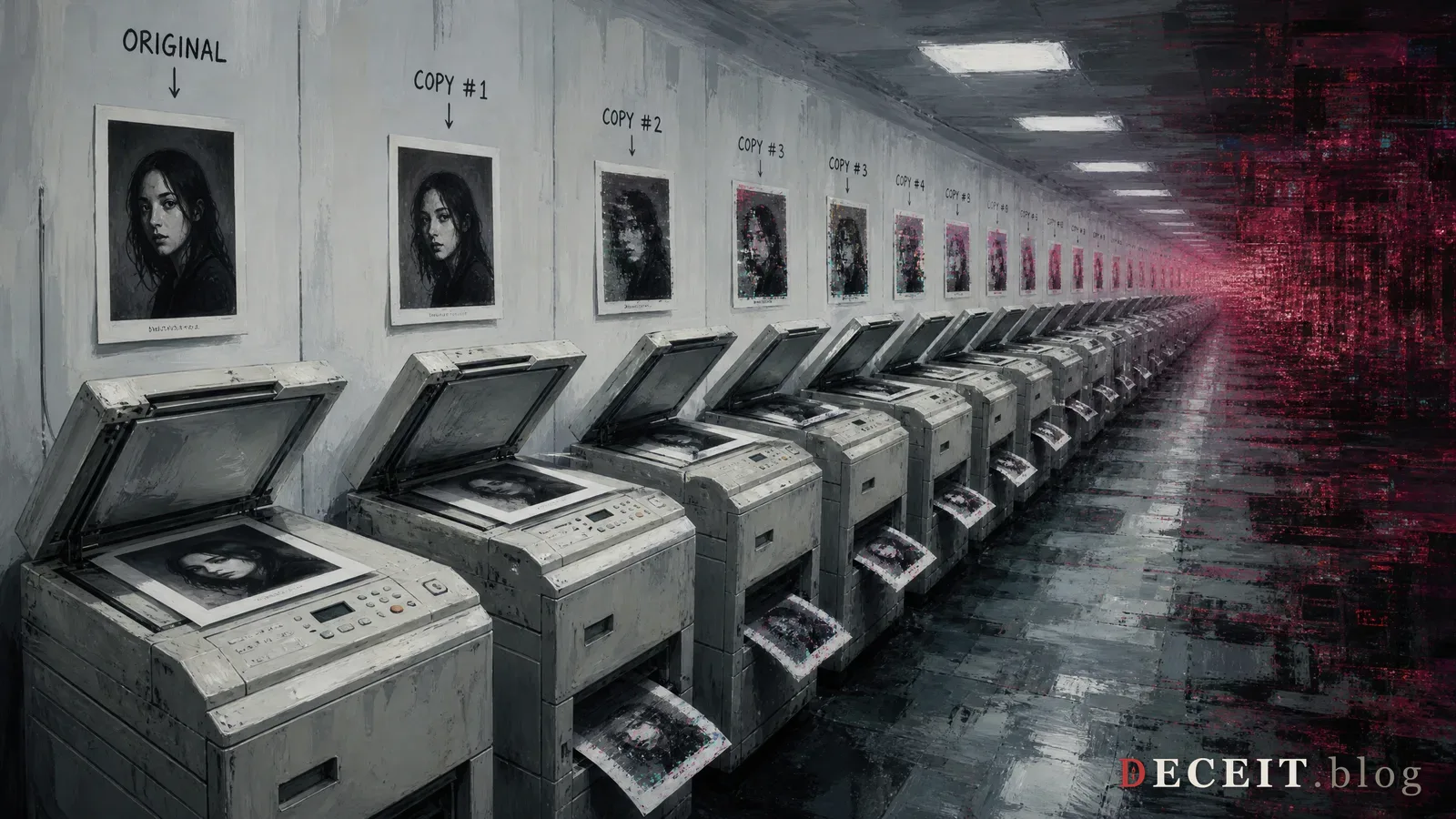 The same lab revealed as collapsing inward. Concentric rings spiraling into a dark red void, servers glitching, data streams fragmenting into noise. The model eating itself.