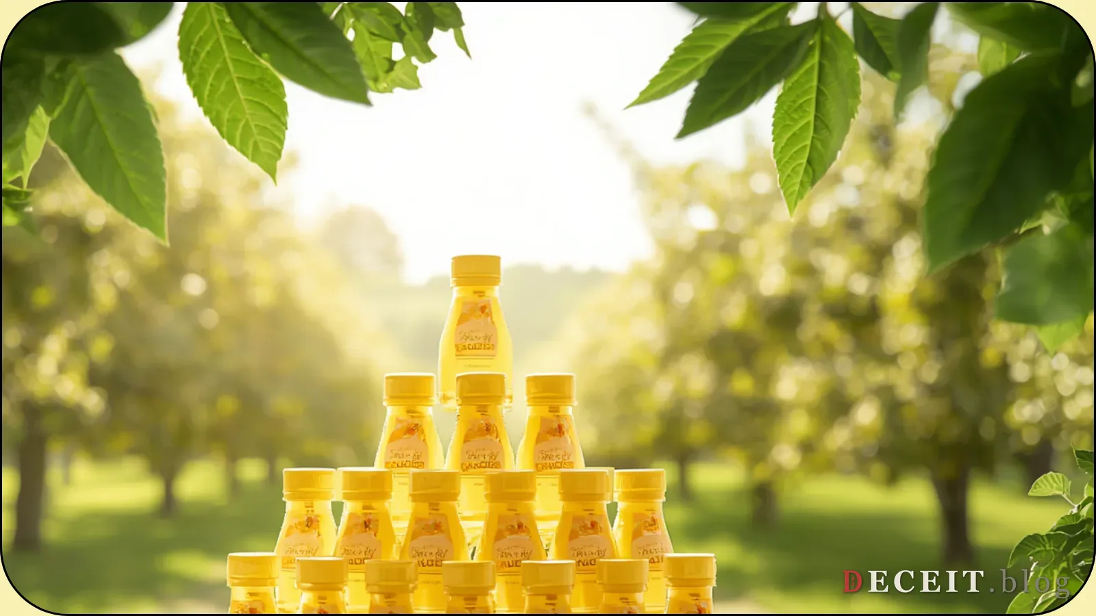 A bright, cheerful wellness brand. Golden bottles of juice arranged in a pyramid shape, sunlit orchard background, green leaves. Optimistic, aspirational, natural.