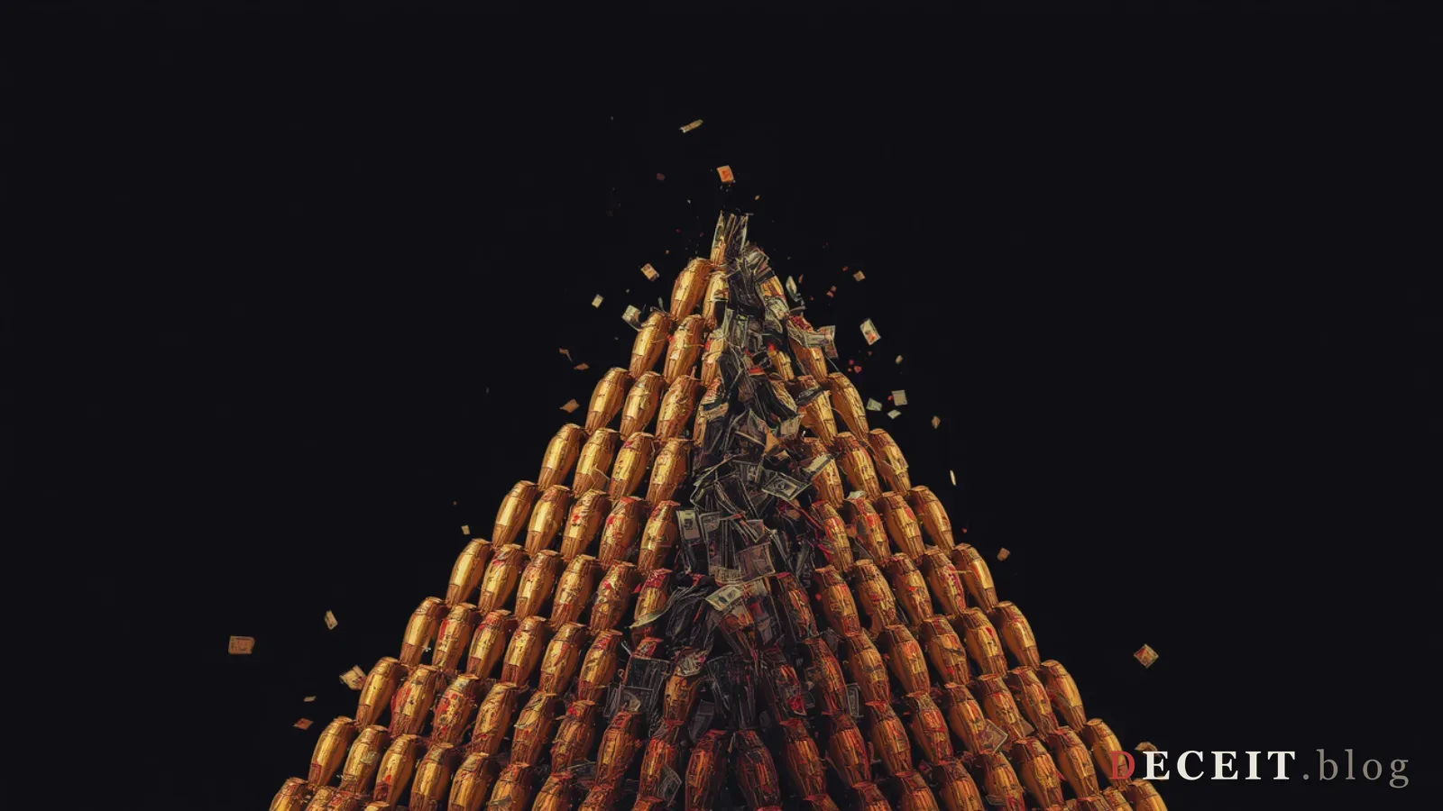 The same wellness brand revealed as a pyramid scheme. The golden bottles are now a crumbling pyramid structure, the base shattering into fragments, money flowing upward to a tiny apex.