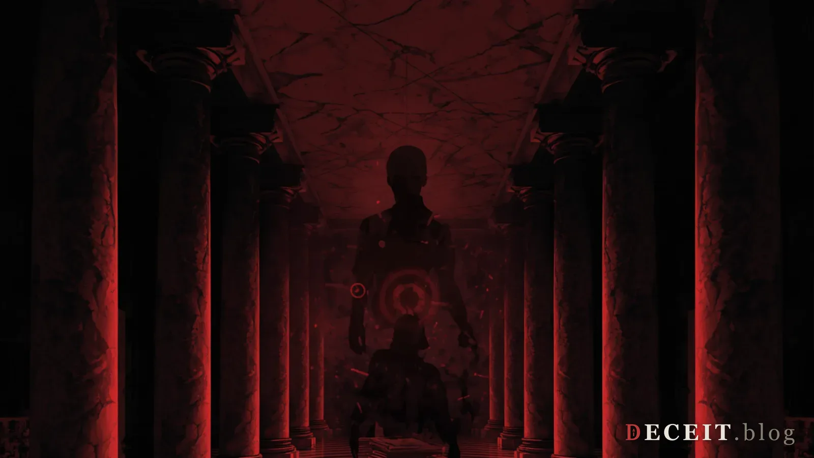 The same institution revealed as a machine that builds monsters. Behind the marble columns, dark institutional files show COINTELPRO and MK-Ultra documents, a spiral pattern connecting institutional abuse across decades.