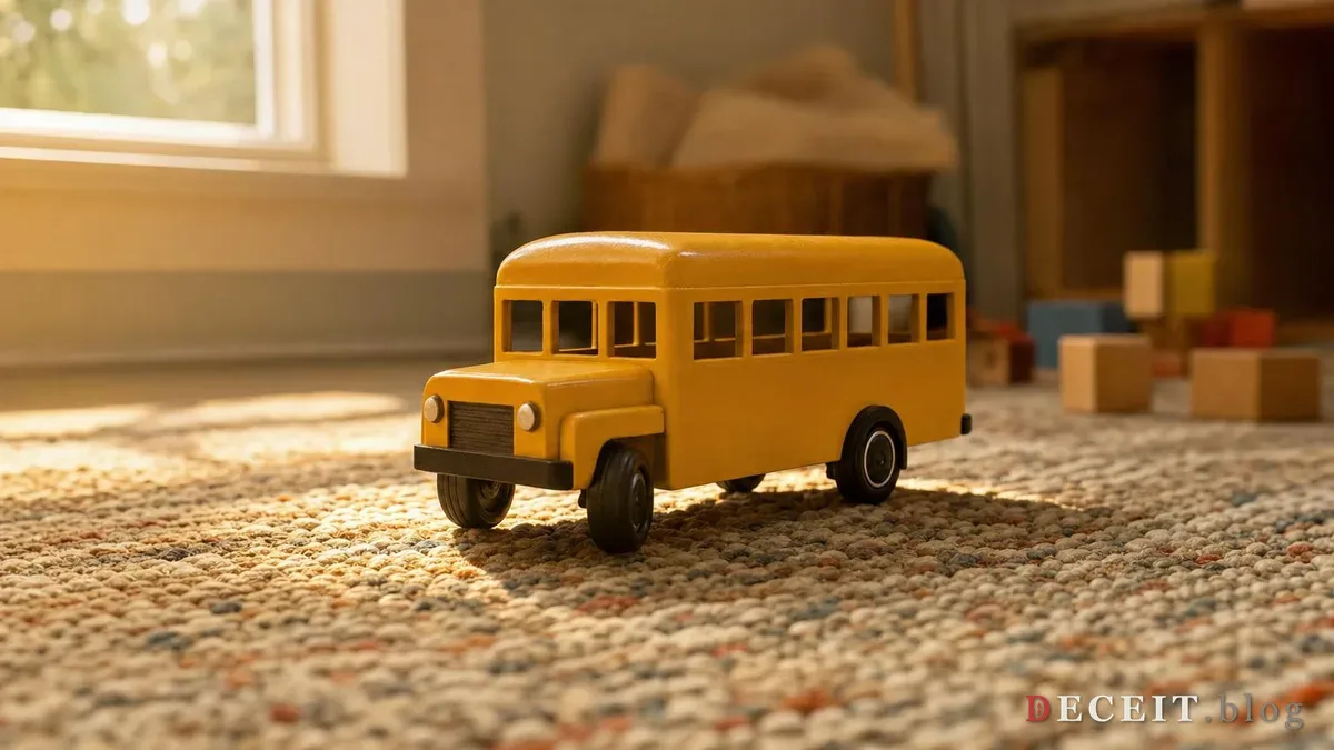 A small yellow toy school bus, plain and unmarked, on a woven playroom rug in warm morning light from a window.
