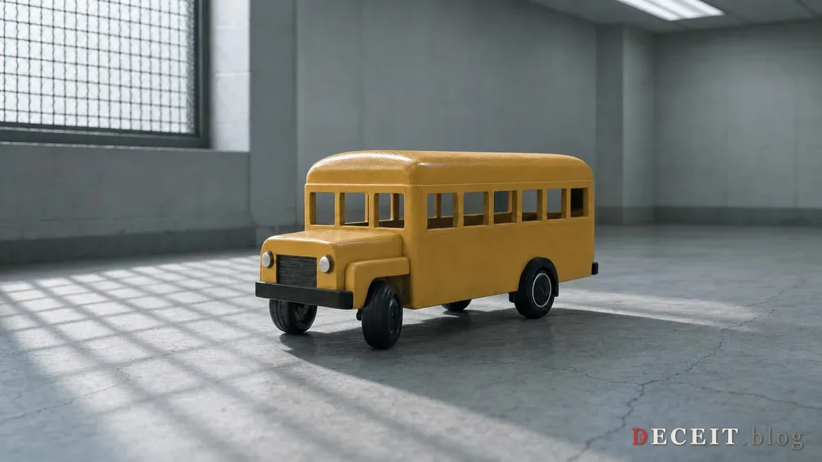 The same toy bus in the same spot, but the rug is now bare cracked concrete under cold overhead light, with the shadow of a wire-mesh window laid across the floor.