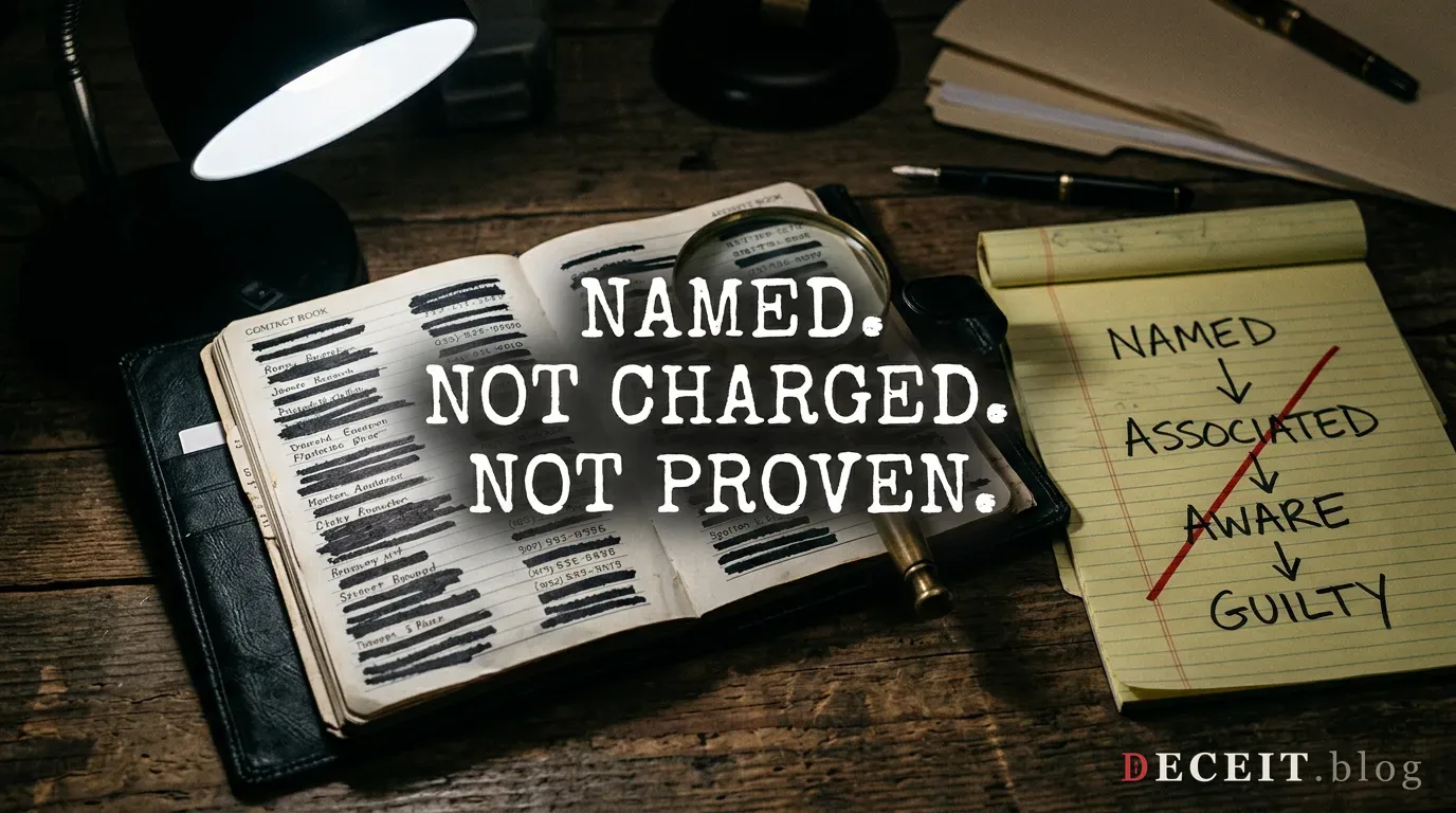 The same ledger revealed as a study in association. Behind the neat rows, a name proves only what that record can establish. Contact is not knowledge. Proximity is not culpability. The association fallacy exposed.
