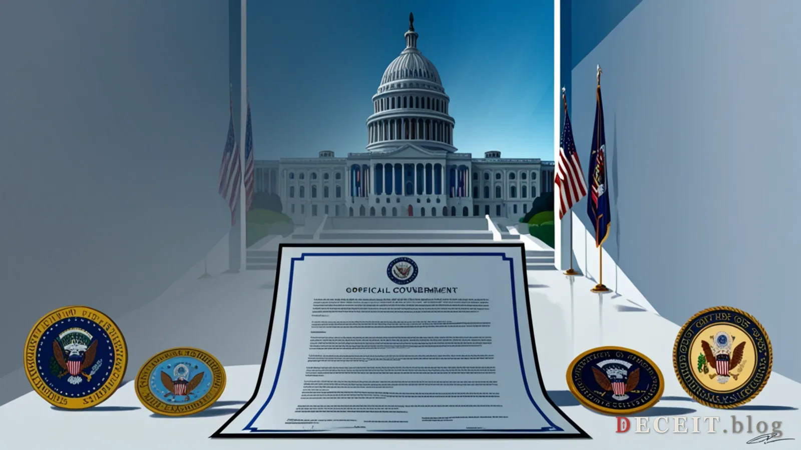 A clean, official government document on a desk. The Capitol building in the background, American flag, official seals, bright lighting. Orderly, democratic, transparent.
