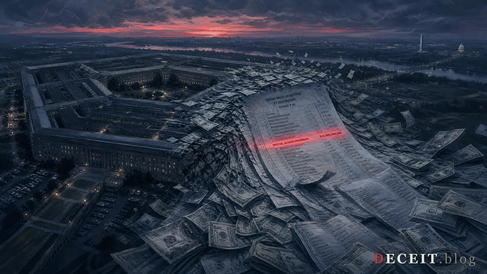 The same defense bill revealed as a hidden pipeline. Behind the official document, a 95 billion dollar side door flows into a dark chamber. Section 219 glows crimson with a NO VOTE stamp.