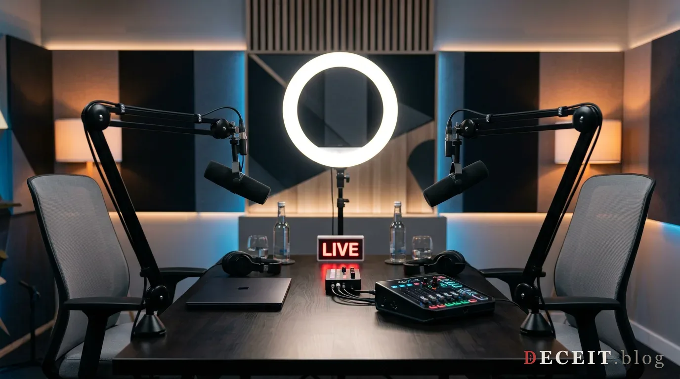 A polished podcast studio with two microphones, a camera on a tripod and a glowing live indicator, staged like an evidence-gathering operation.