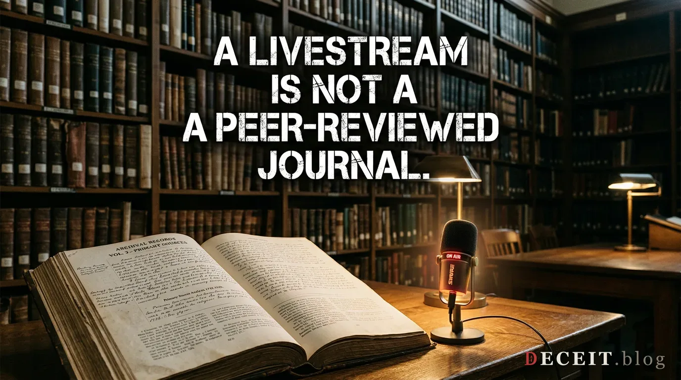 A quiet library carrel with open reference books and a handwritten card reading: a livestream is not a peer-reviewed journal.