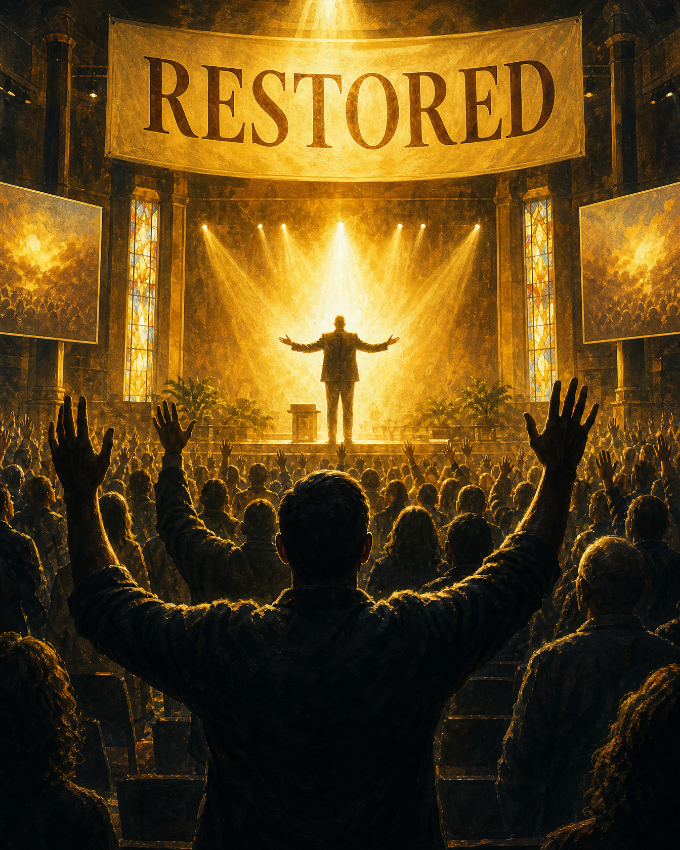 Painted megachurch stage bathed in gold light: a pastor mid-sermon, arms open, a packed sanctuary rising to its feet, a banner overhead reading RESTORED.