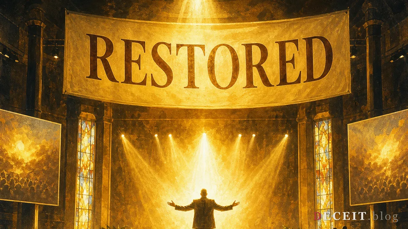Painted megachurch stage bathed in gold light: a pastor mid-sermon, arms open, a packed sanctuary rising to its feet, a banner overhead reading RESTORED.