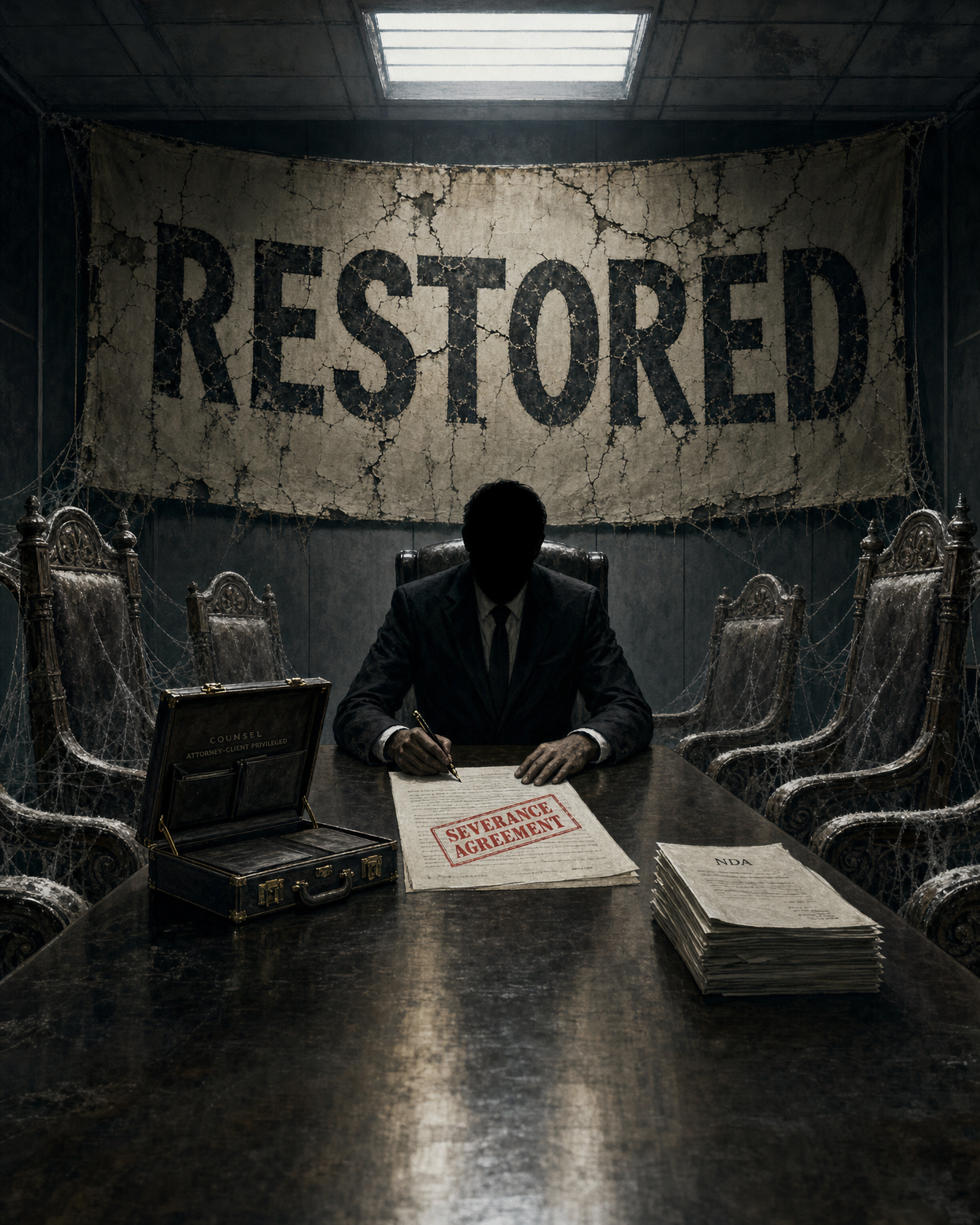 The same stage revealed as a corporate conference room: the pastor now seated at the head of a table signing a severance contract, empty chairs on either side labeled ELDER with a thick layer of dust, a lawyer's briefcase open beside a stack of NDAs.