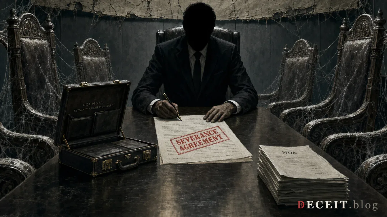 The same stage revealed as a corporate conference room: the pastor now seated at the head of a table signing a severance contract, empty chairs on either side labeled ELDER with a thick layer of dust, a lawyer's briefcase open beside a stack of NDAs.