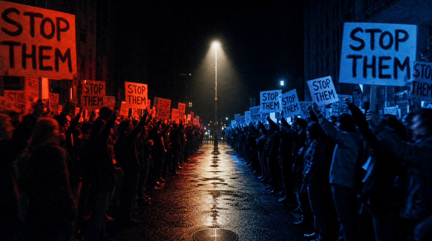 Two crowds of protesters face off across a night street, one lit red and one lit blue, and every hand-painted sign on both sides says STOP THEM.
