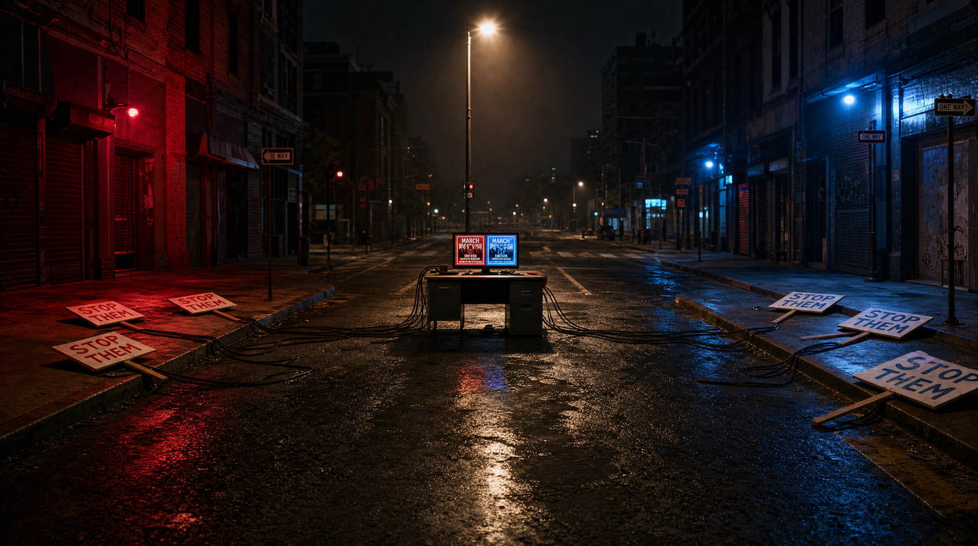 The same street, empty of people: one office desk under the streetlamp, its screen showing a red flyer and a blue flyer, cables running out to both sidewalks of abandoned signs.