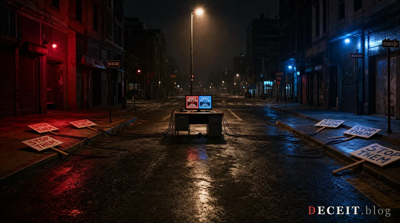 The same street, empty of people: one office desk under the streetlamp, its screen showing a red flyer and a blue flyer, cables running out to both sidewalks of abandoned signs.