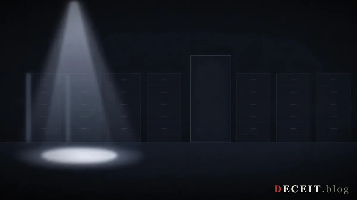 A dark records room lined with filing cabinets. A cold spotlight falls on an empty patch of floor, and the records door at the back is shut flush with the wall with no light showing.