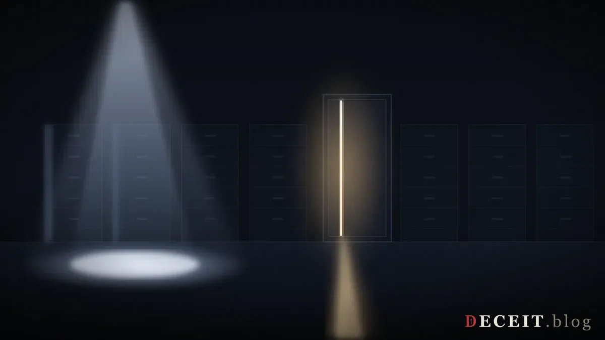 The same room with the records door now slightly open. A thin line of warm light escapes from the seam and falls across the floor.