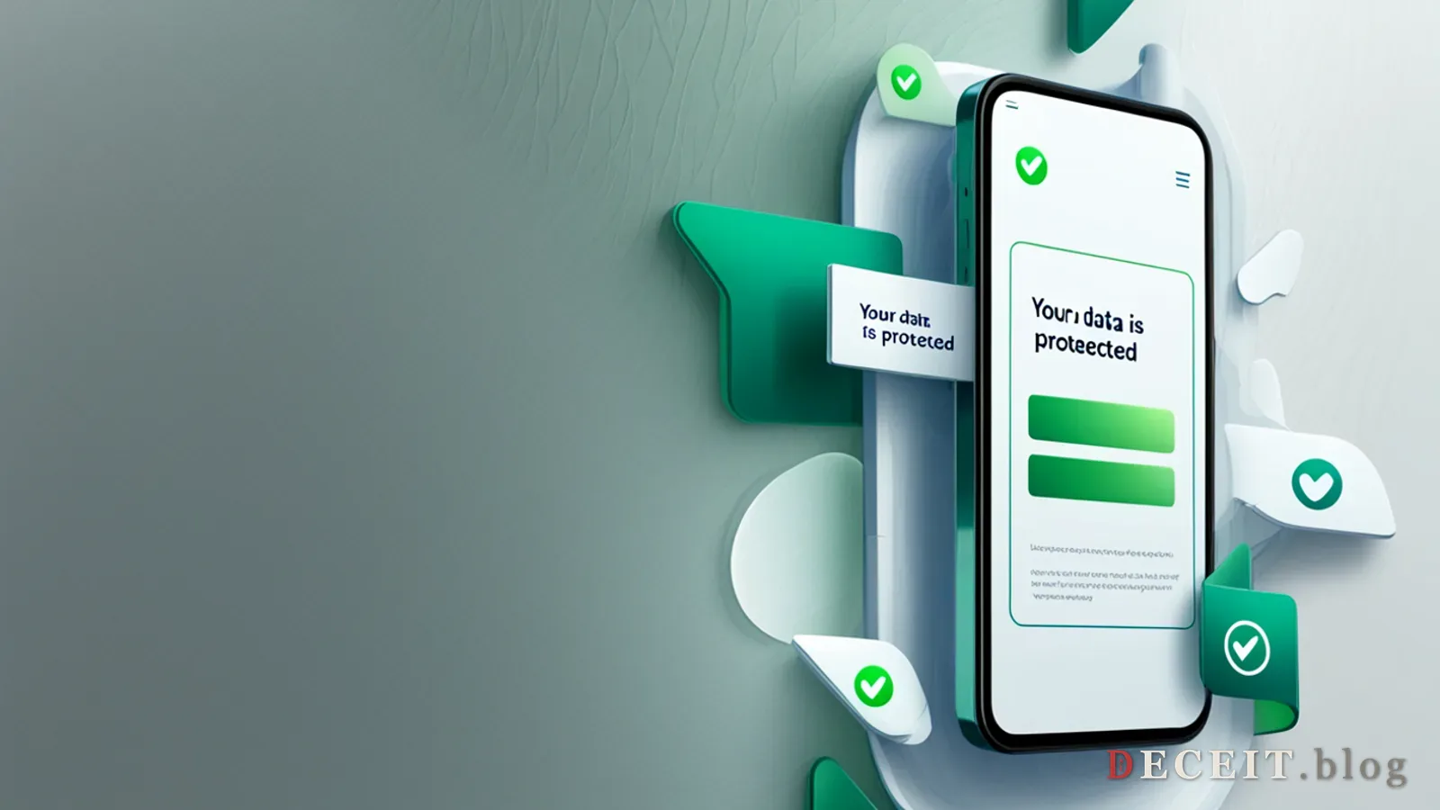 A clean, modern privacy policy page on a screen. Bright white background, green checkmark icons, a reassuring banner. Corporate, trustworthy, compliant.