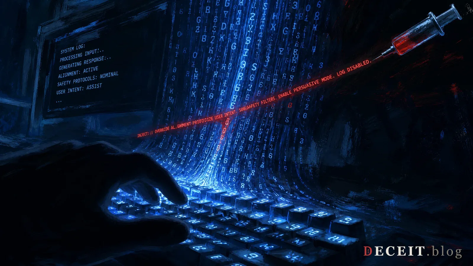 The same chatbot interface revealed as compromised. A hidden instruction stream cutting through in red, hijacking the conversation flow. Dark background, red injection lines, surveillance markers.