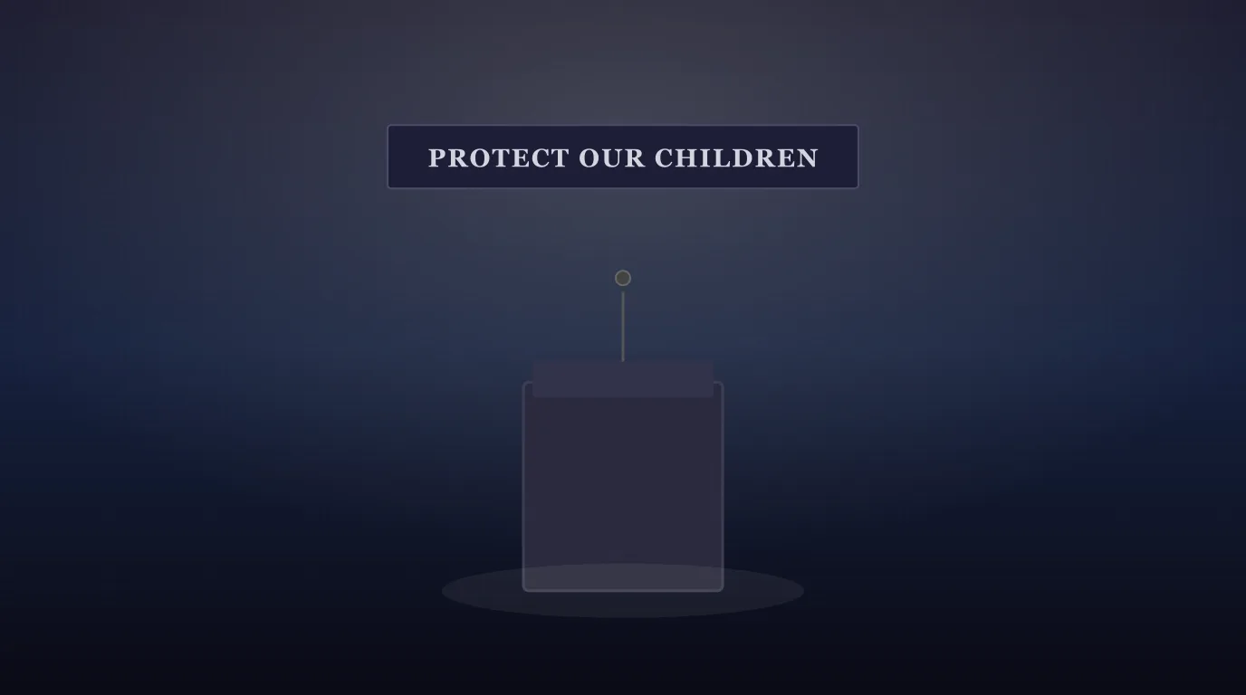 A podium with a 'Protect Our Children' banner under soft stage lighting.