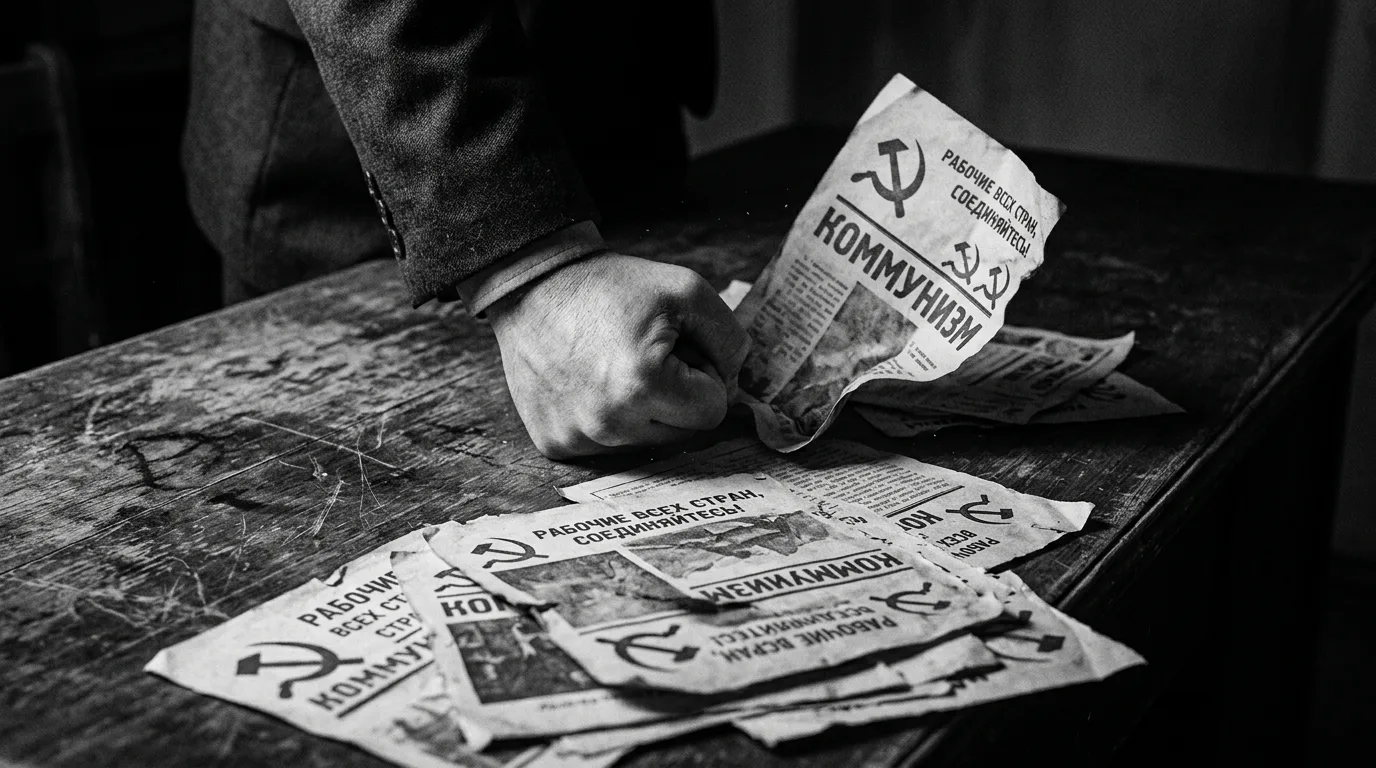 A fist slams propaganda leaflets onto a scarred desk. The paper is yellowed, cracked, mass-produced junk.