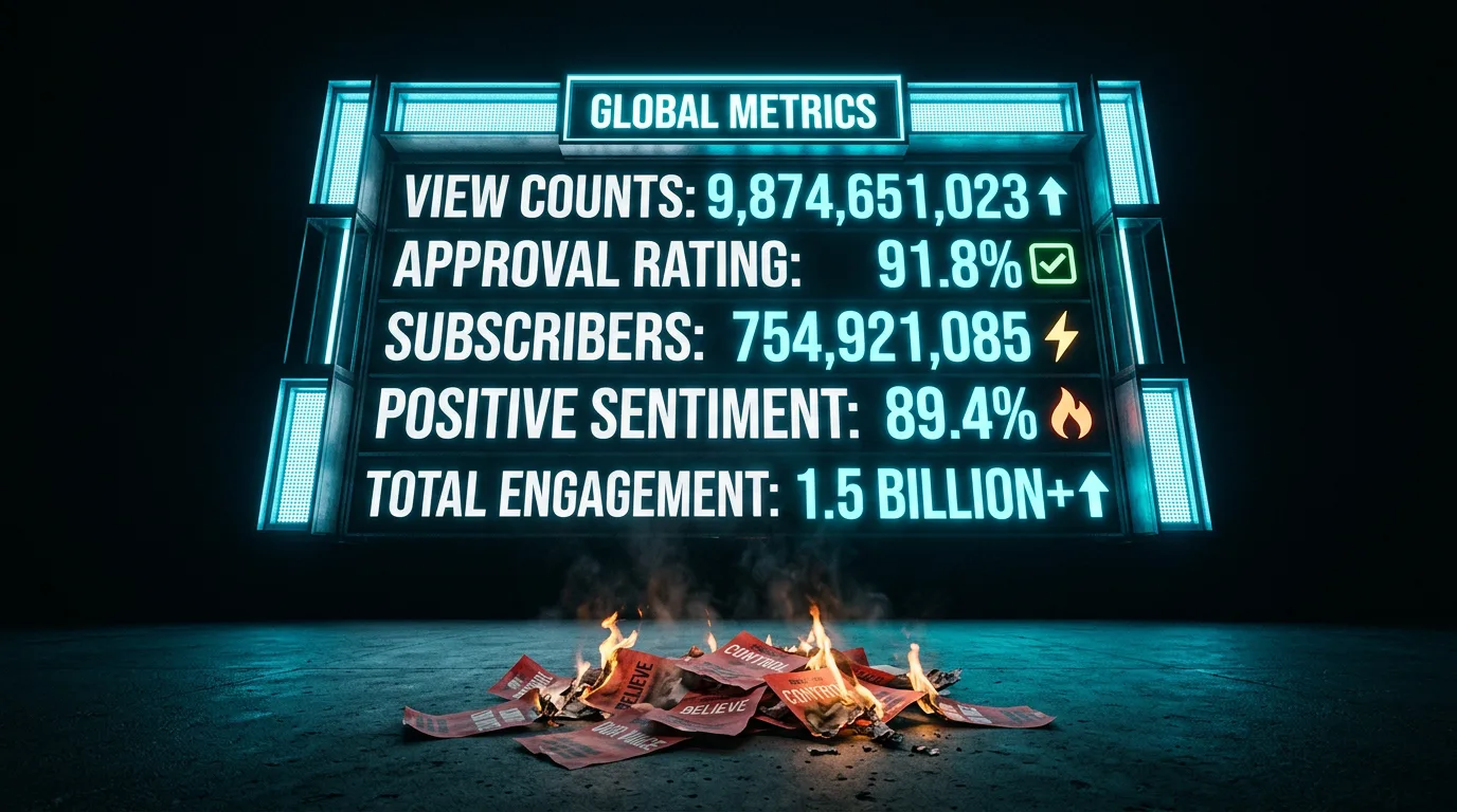 A monumental scoreboard glows in darkness, numbers climbing. Below it, red leaflets burn with pathetic little flames.