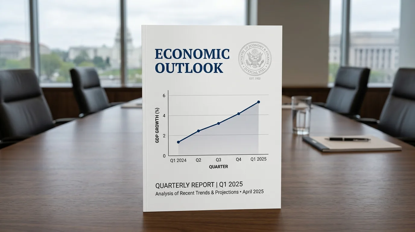 Official economic outlook report cover with a rising graph