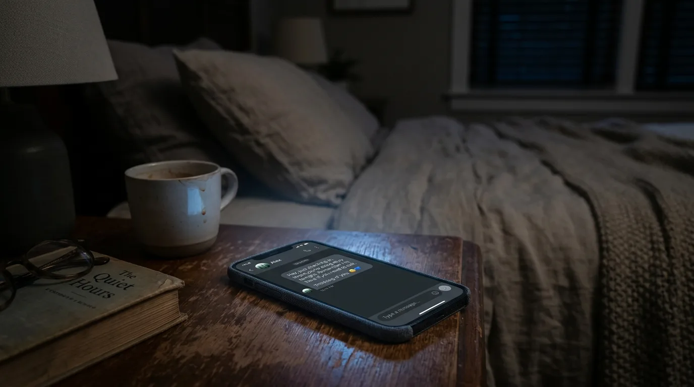 Smartphone with a calm chat interface on a bedside table