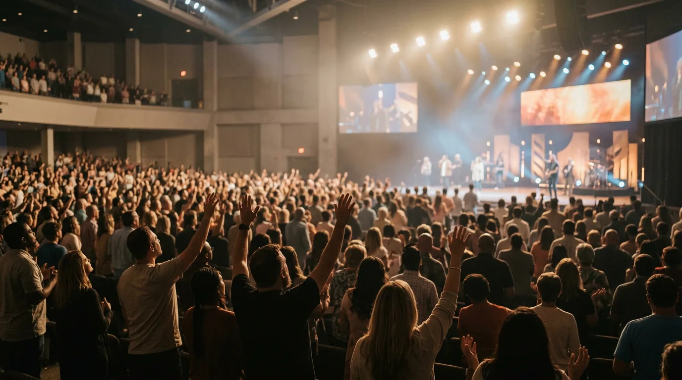 A megachurch congregation with hands raised in golden light, faces peaceful