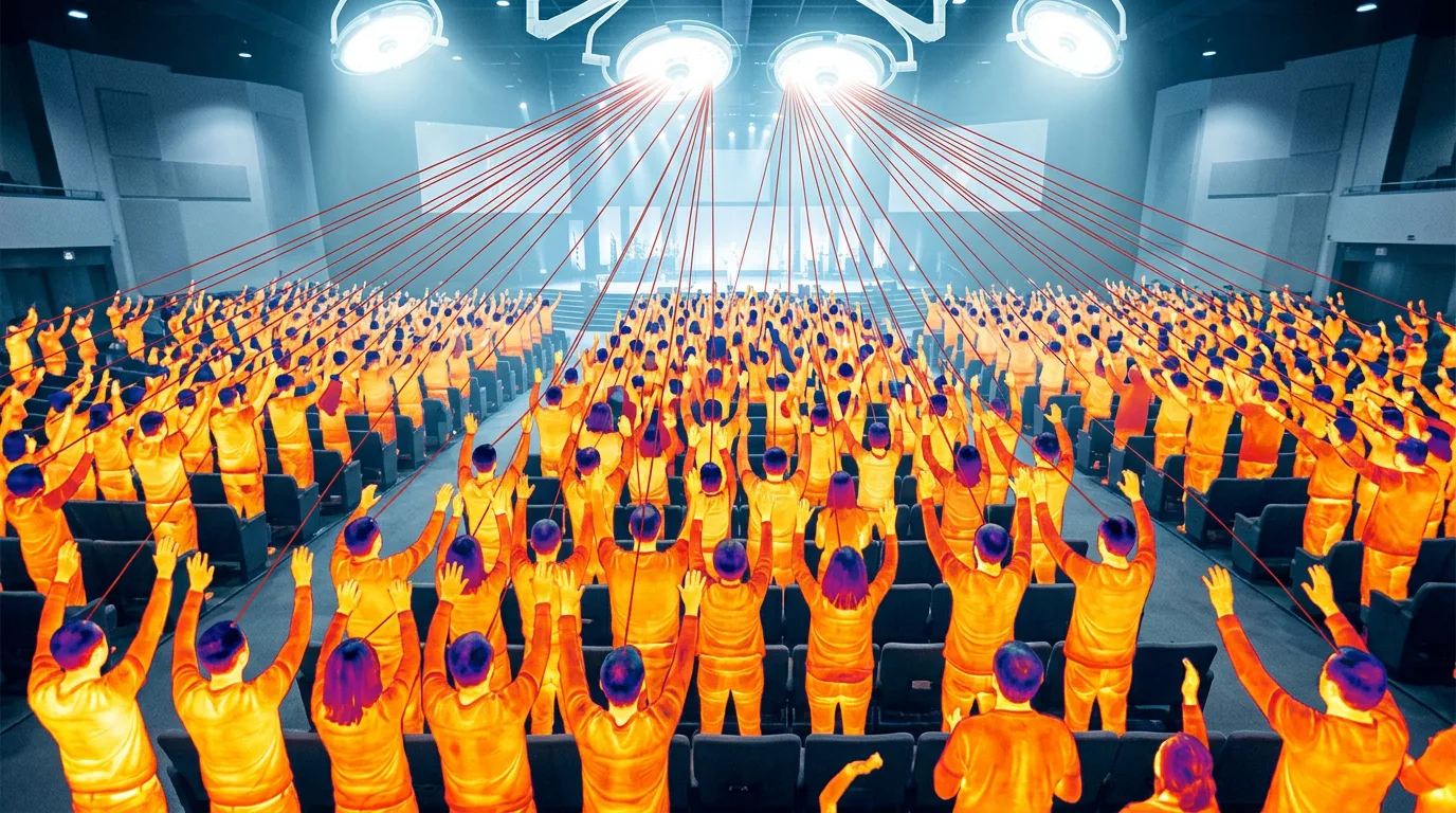 The same congregation seen through thermal imaging, frontal lobes going dark one by one