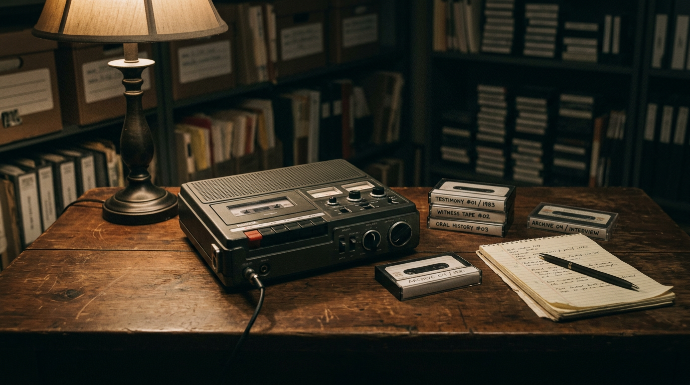 An audio cassette recorder and tapes: the recorded testimony.