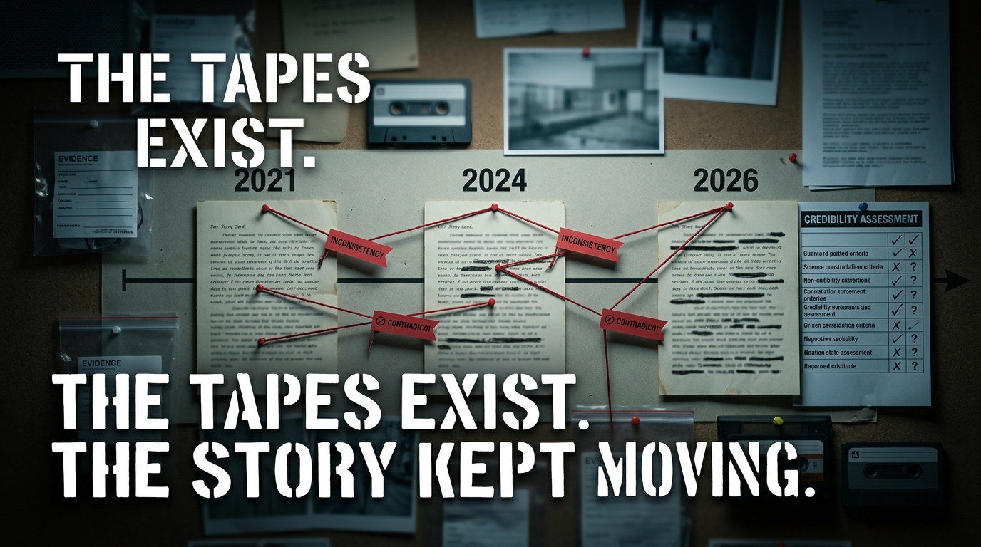 A cassette recorder and tapes beside a timeline of shifting accounts.