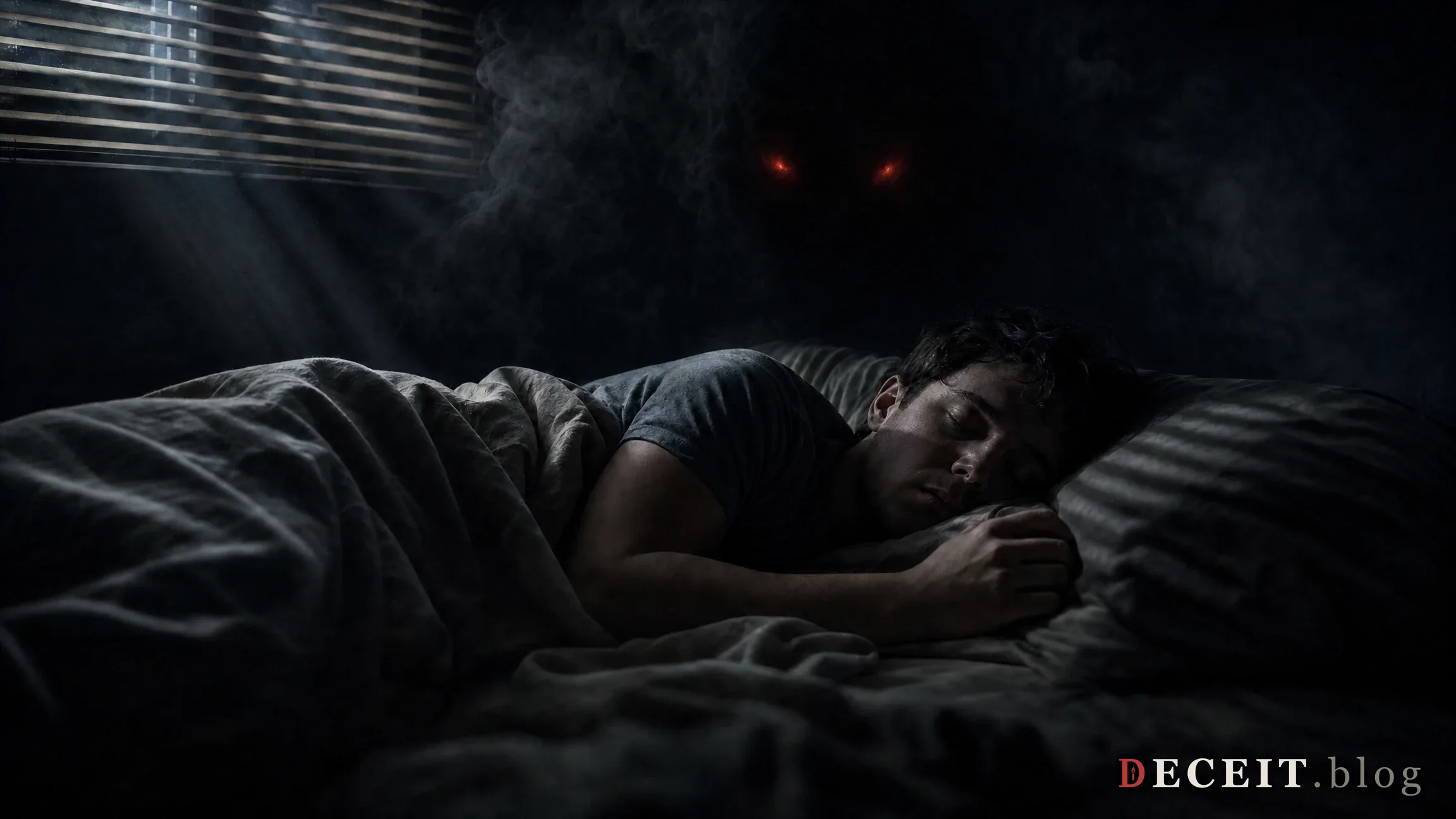 A shadow-demon crouched over a sleeping figure in a moonlit bedroom
