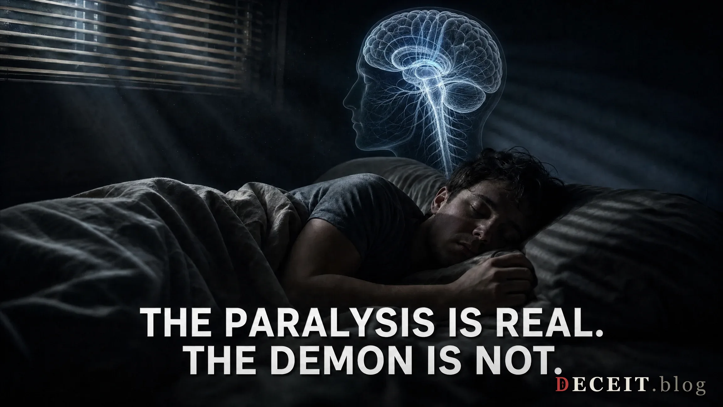 The same bedroom, the demon replaced by a glowing brainstem and spinal cord diagram
