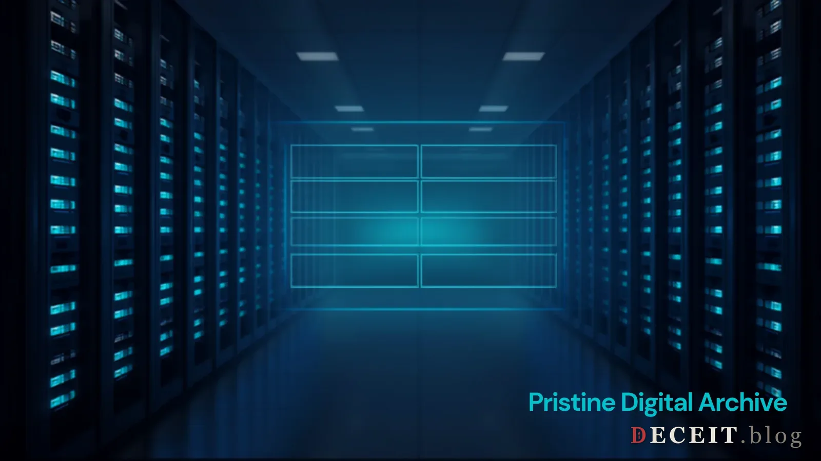 A pristine digital archive. Clean server racks with blue lights, organized data columns, a search interface with green checkmarks. Modern, orderly, secure.