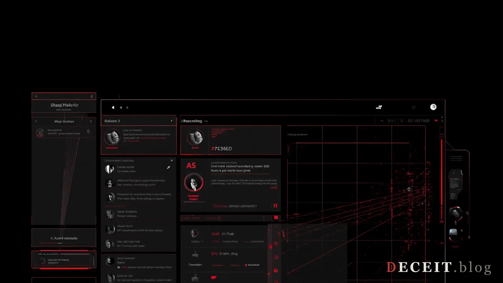 The same archive revealed as a surveillance database. Dossiers with names, movement records, and personal data laid bare. Red targeting markers on individual records. The archive is exposure, not erasure.