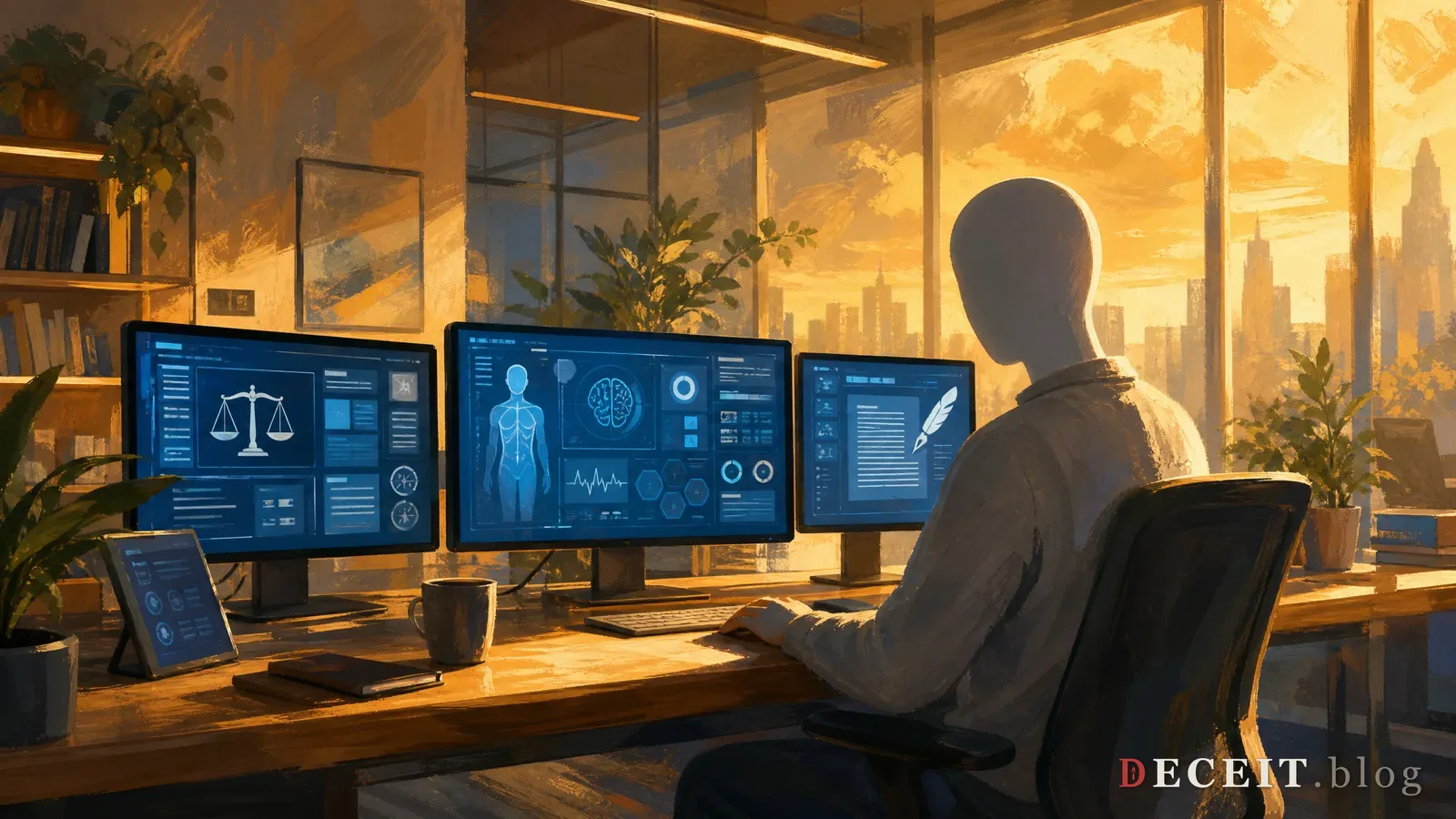 A person working calmly with AI tools on multiple screens in a warm, human-centered workspace.