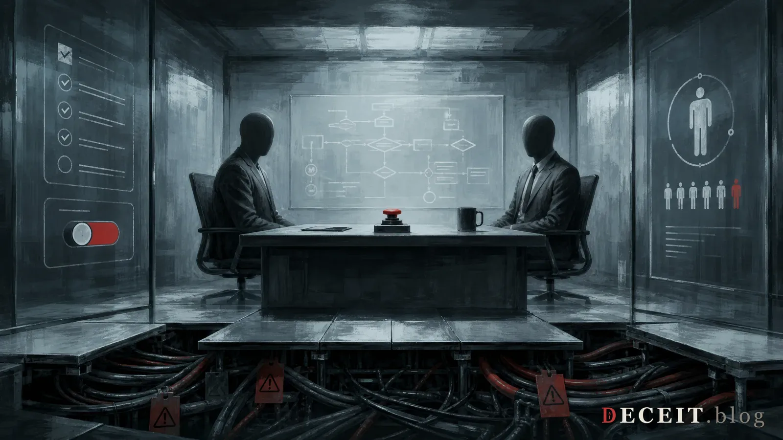 The same workspace with the ethical infrastructure made visible: guardrails, consent frameworks, override buttons, and accountability structures surrounding every tool.
