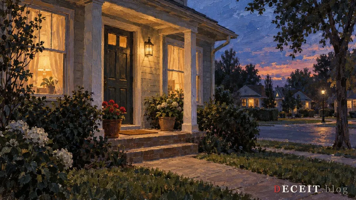 Illustration: a suburban front porch at dusk with warm lamplight behind curtained windows, potted plants on the steps and a quiet street beyond.