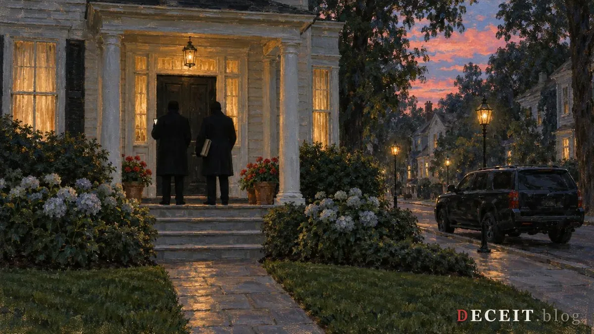 Illustration: the same porch with two faceless figures in long coats at the door, seen from behind, one holding a glowing phone and the other a folder, and an unmarked dark SUV waiting at the curb.