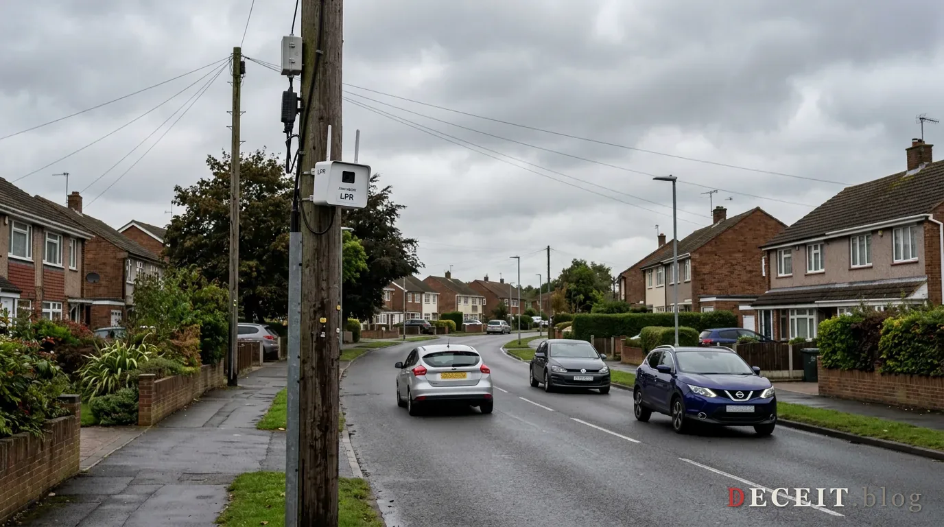 Suburban road with a license-plate-reader camera on a utility pole