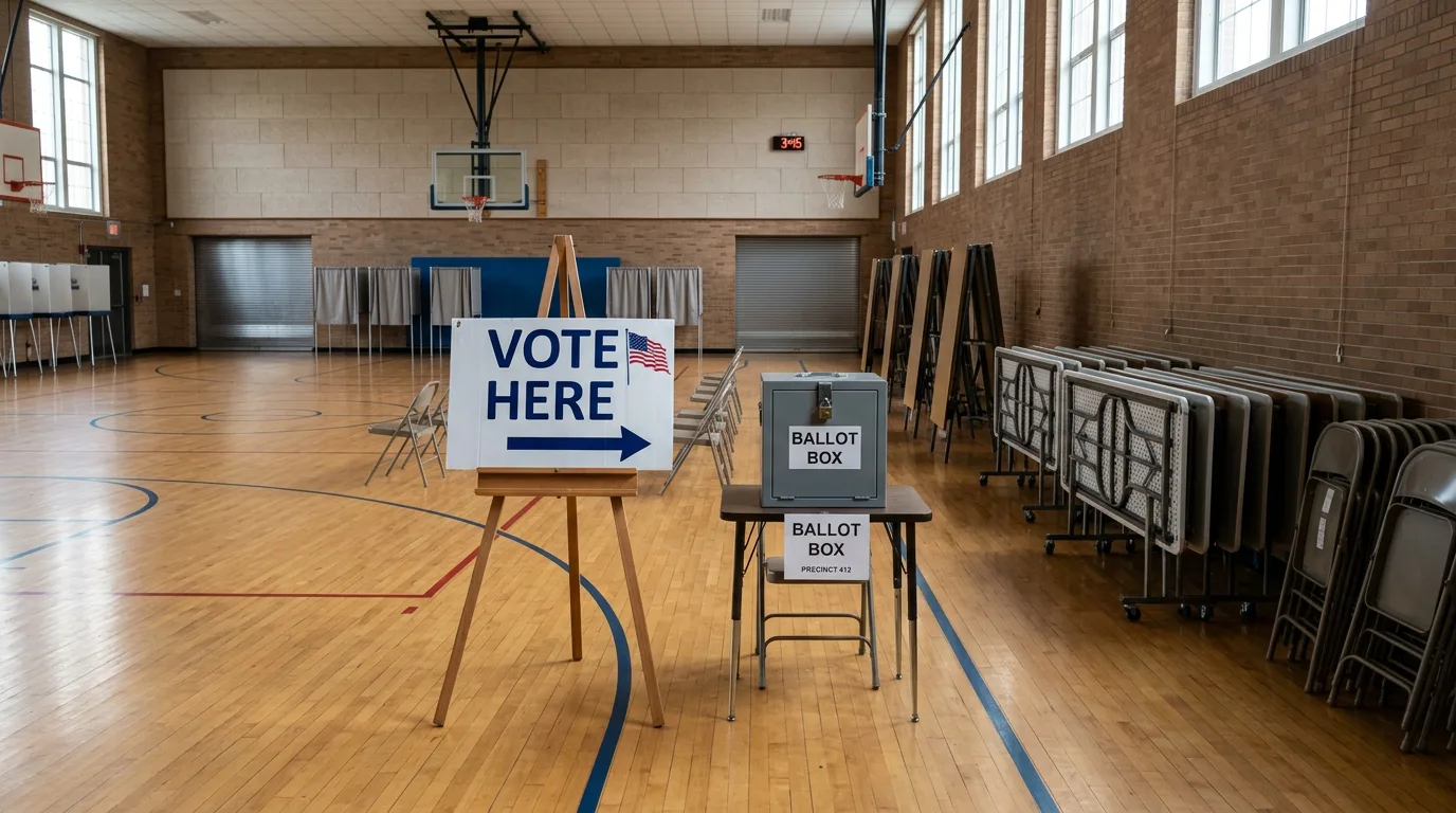 Empty voting precinct with a VOTE HERE sign